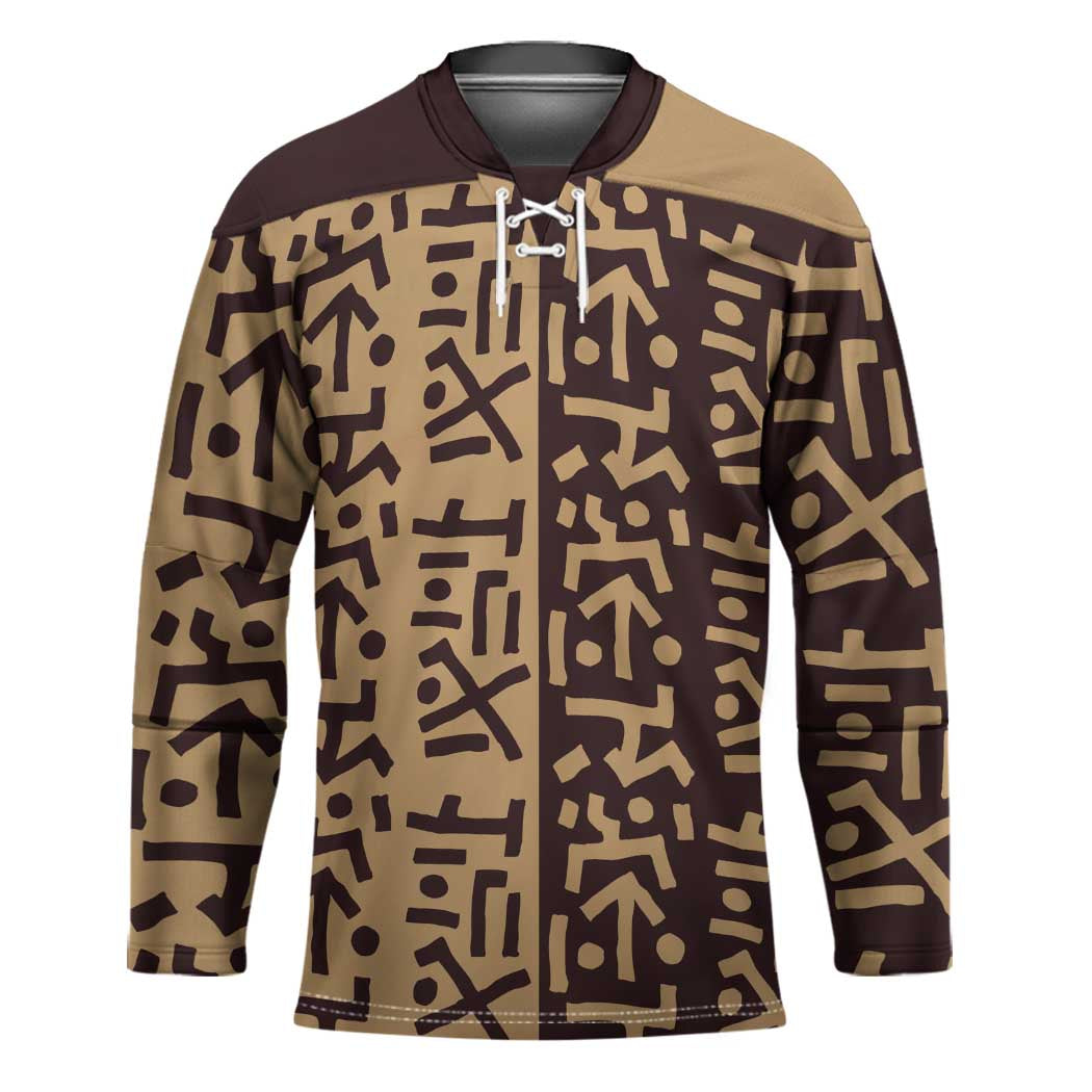 Tribe Script Hockey Jersey with Bold Mudcloth Symbols and Brown Tan Split Design - Wonder Print Shop