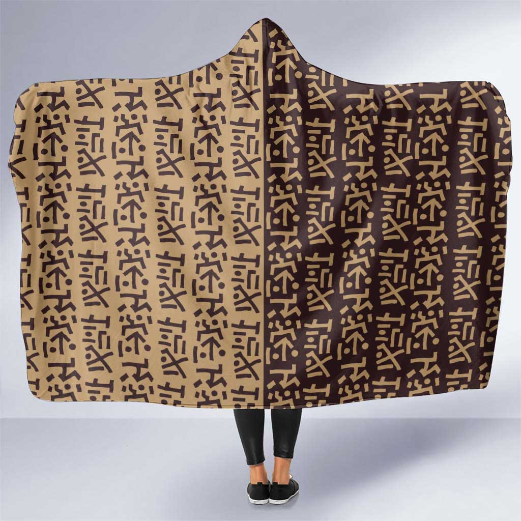 Tribe Script Hooded Blanket with Bold Mudcloth Symbols and Brown Tan Split Design - Wonder Print Shop