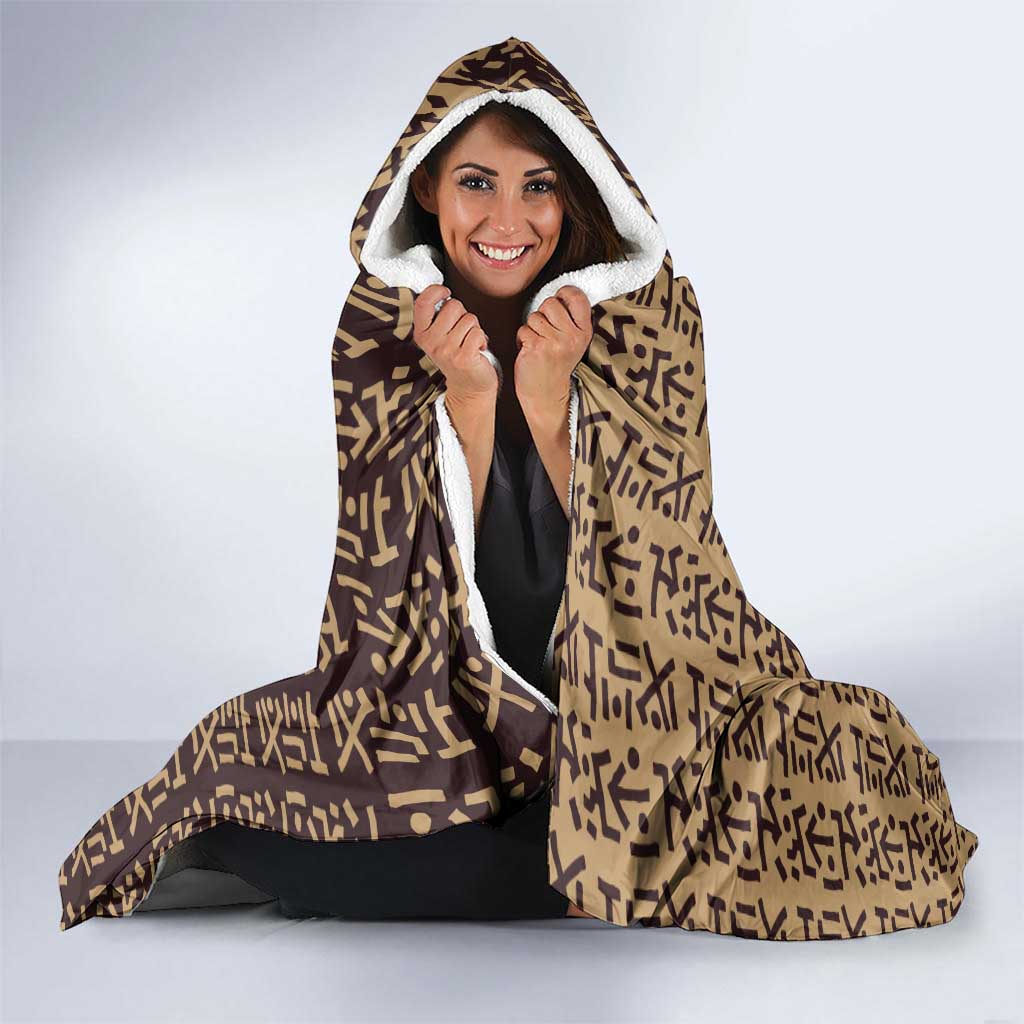 Tribe Script Hooded Blanket with Bold Mudcloth Symbols and Brown Tan Split Design - Wonder Print Shop