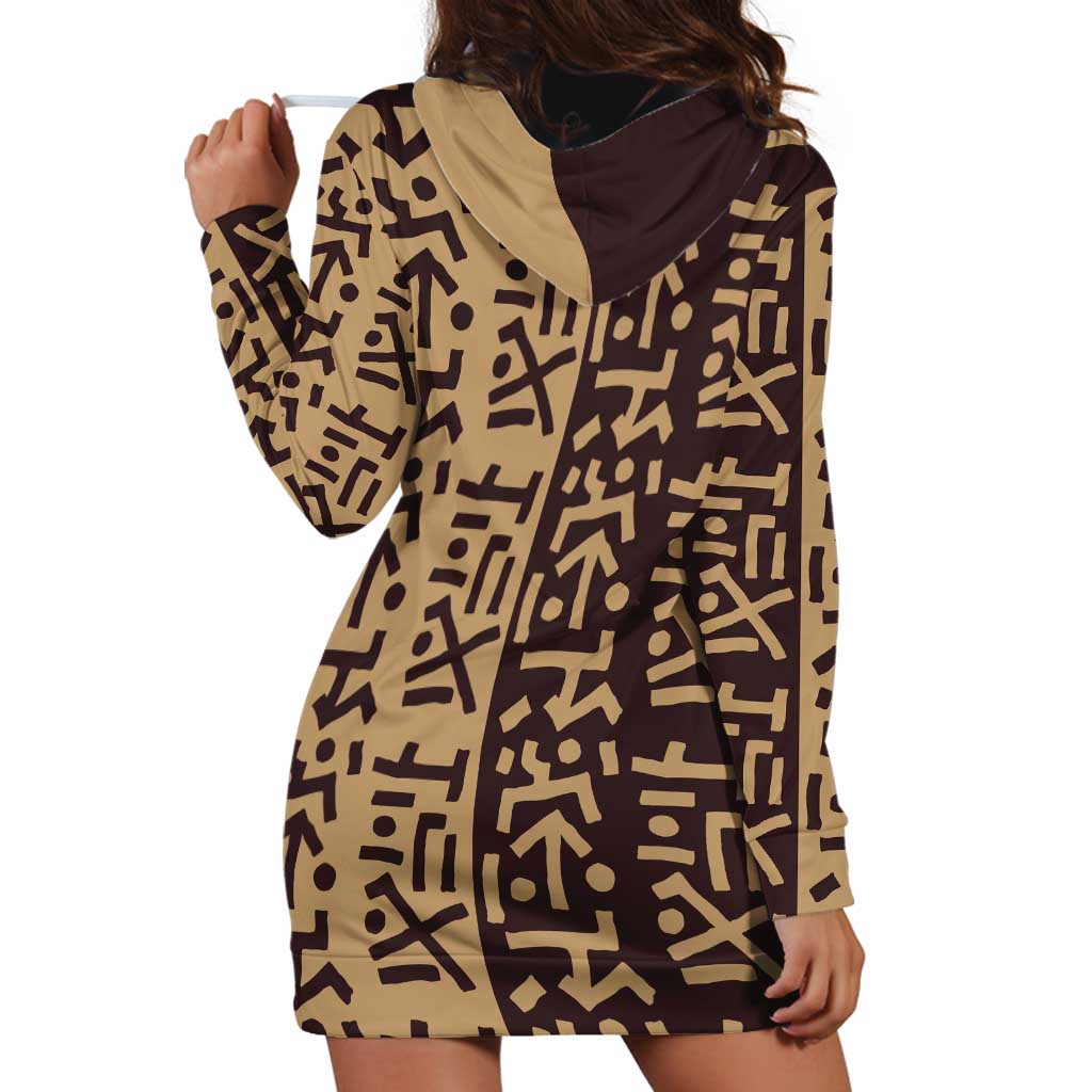 Tribe Script Hoodie Dress with Bold Mudcloth Symbols and Brown Tan Split Design - Wonder Print Shop