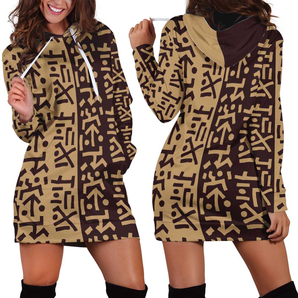 Tribe Script Hoodie Dress with Bold Mudcloth Symbols and Brown Tan Split Design - Wonder Print Shop