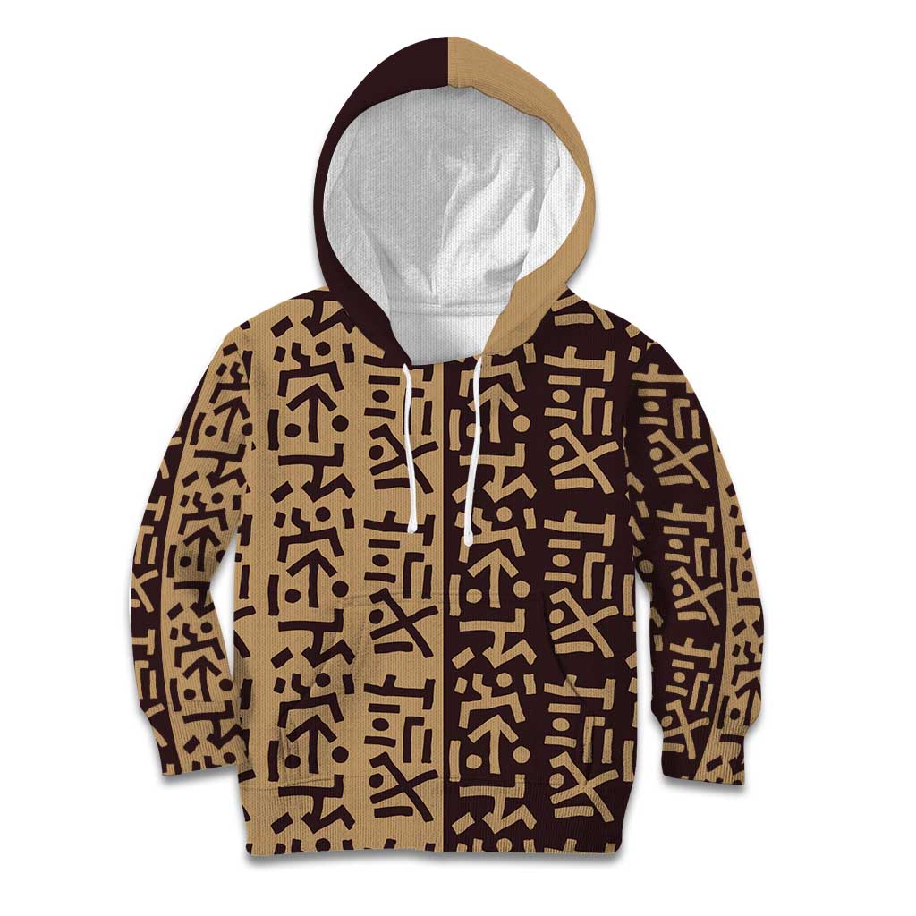 Tribe Script Kid Hoodie with Bold Mudcloth Symbols and Brown Tan Split Design - Wonder Print Shop
