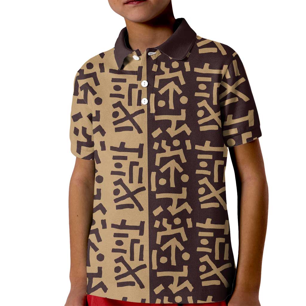 Tribe Script Kid Polo Shirt with Bold Mudcloth Symbols and Brown Tan Split Design - Wonder Print Shop