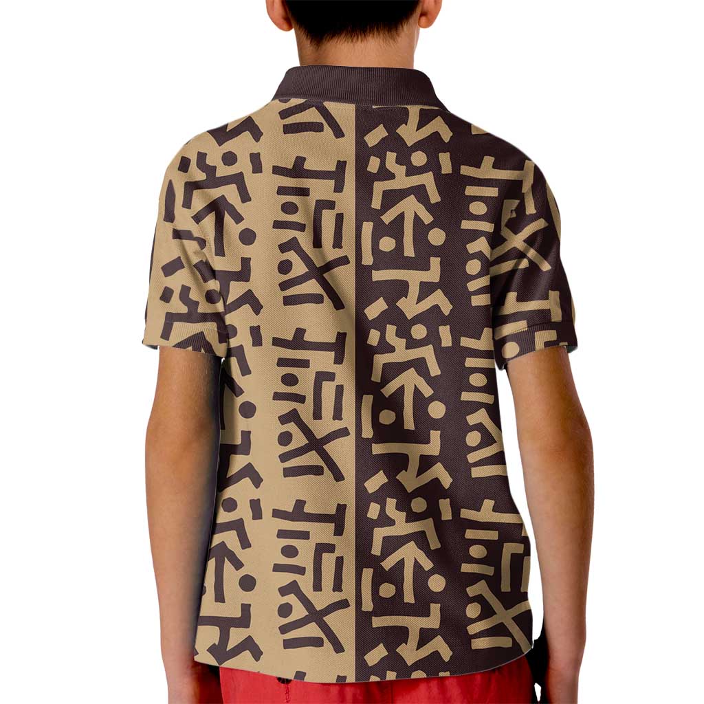 Tribe Script Kid Polo Shirt with Bold Mudcloth Symbols and Brown Tan Split Design - Wonder Print Shop