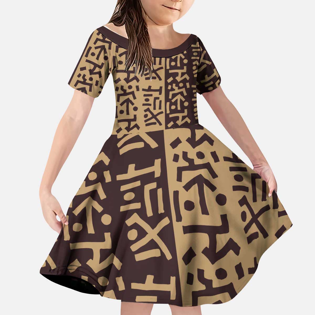Tribe Script Kid Short Sleeve Dress with Bold Mudcloth Symbols and Brown Tan Split Design - Wonder Print Shop