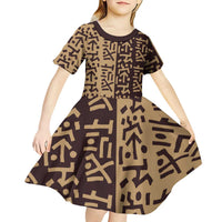 Tribe Script Kid Short Sleeve Dress with Bold Mudcloth Symbols and Brown Tan Split Design - Wonder Print Shop
