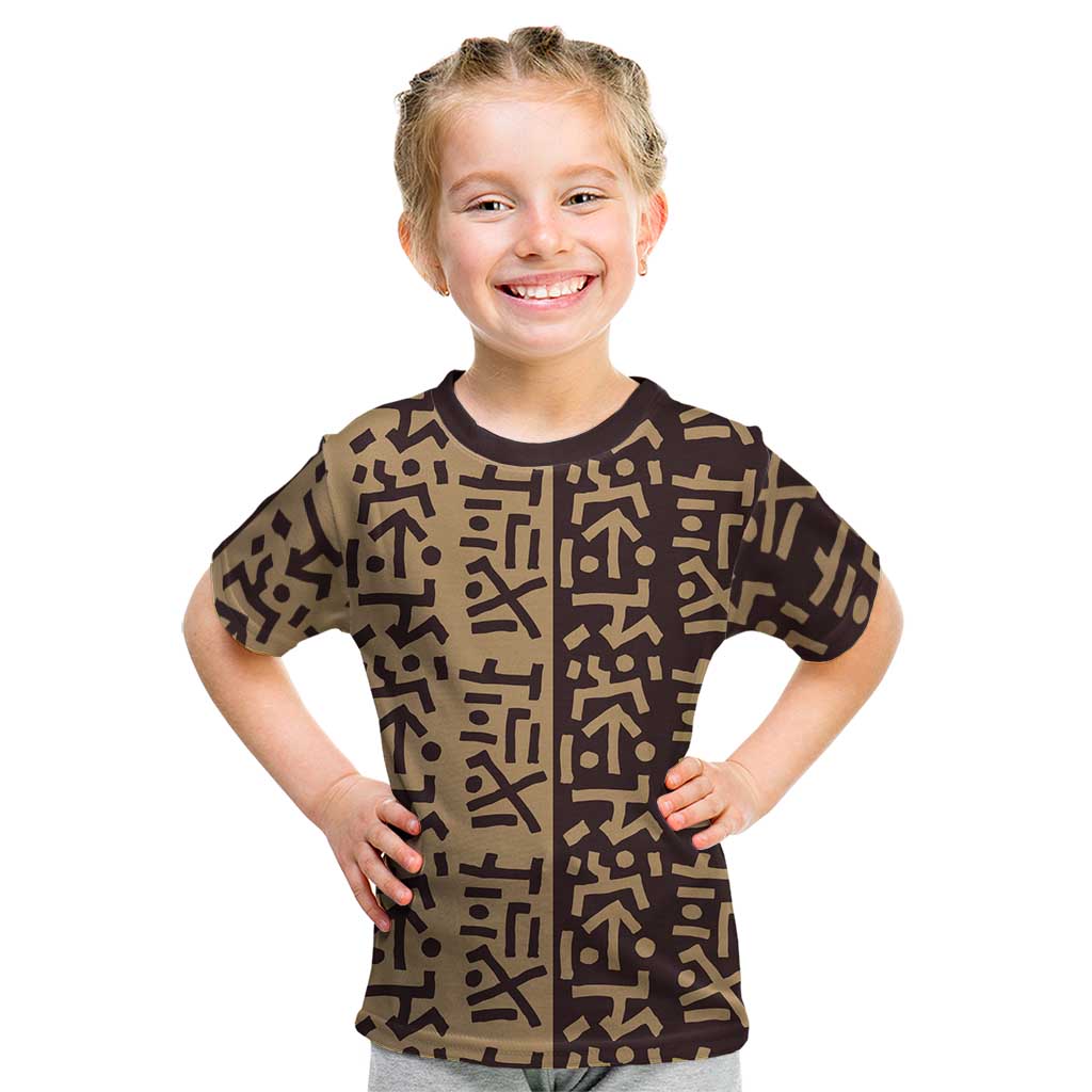 Tribe Script Kid T Shirt with Bold Mudcloth Symbols and Brown Tan Split Design - Wonder Print Shop