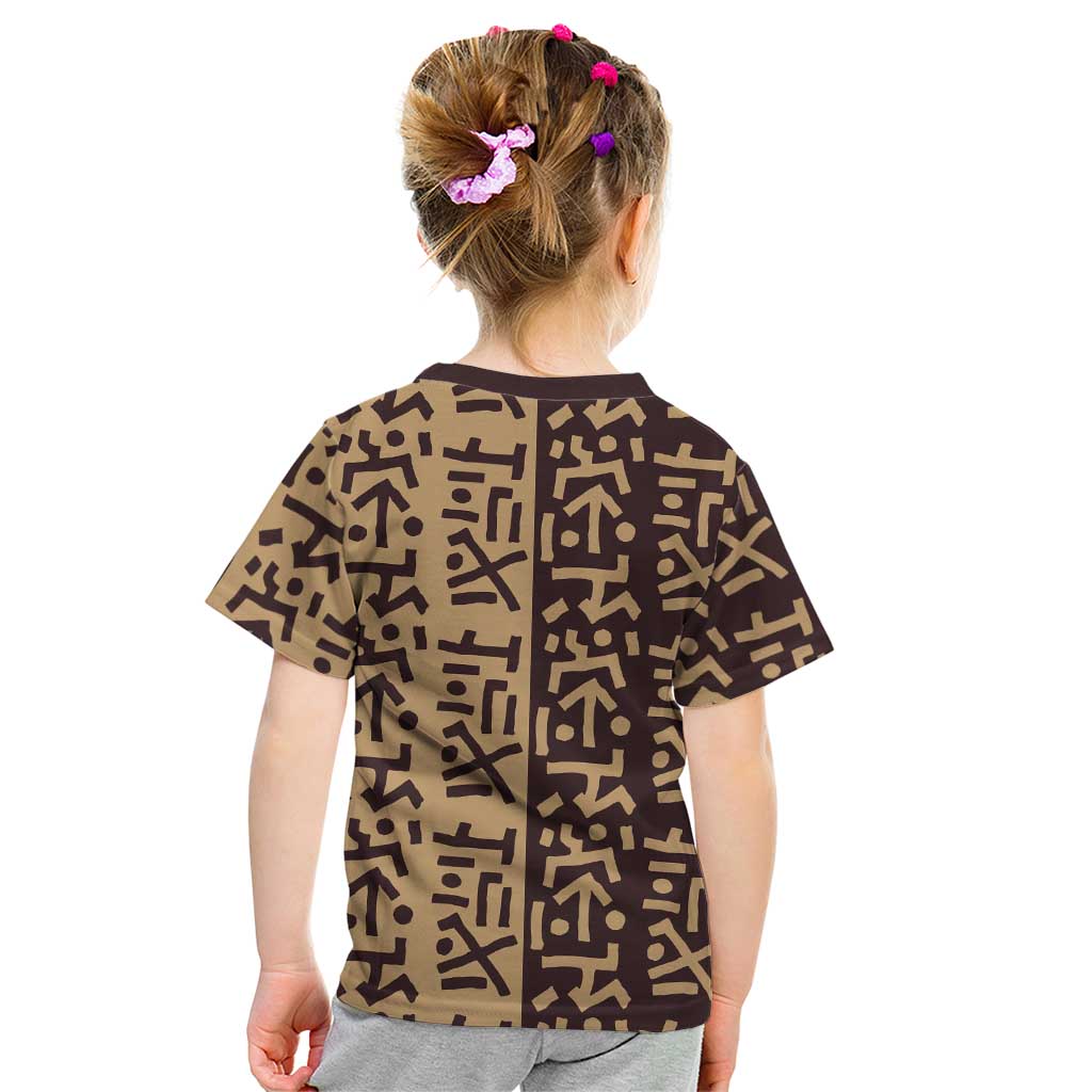 Tribe Script Kid T Shirt with Bold Mudcloth Symbols and Brown Tan Split Design - Wonder Print Shop