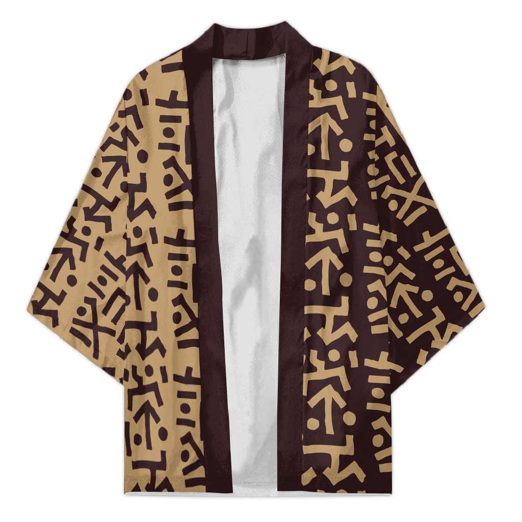 Tribe Script Kimono with Bold Mudcloth Symbols and Brown Tan Split Design - Wonder Print Shop