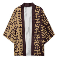 Tribe Script Kimono with Bold Mudcloth Symbols and Brown Tan Split Design - Wonder Print Shop