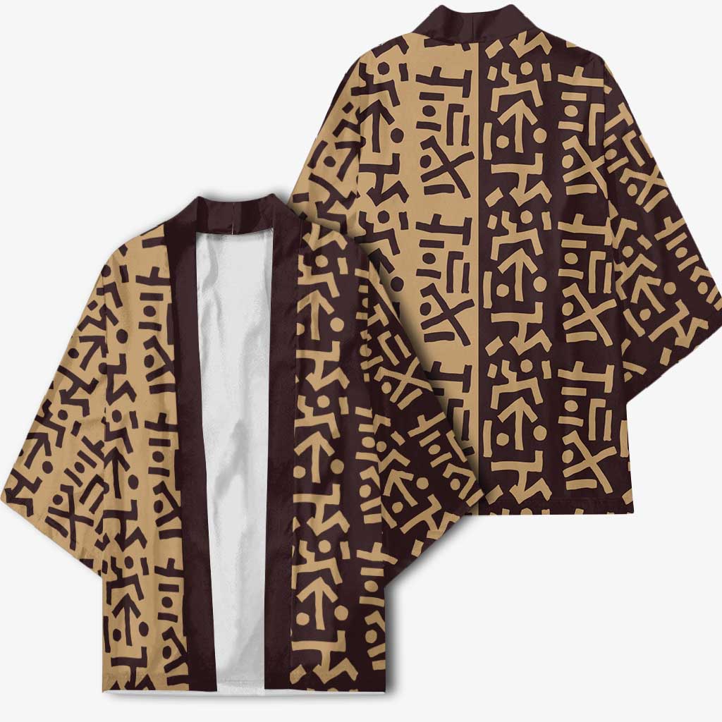 Tribe Script Kimono with Bold Mudcloth Symbols and Brown Tan Split Design - Wonder Print Shop