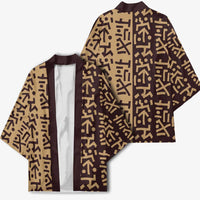 Tribe Script Kimono with Bold Mudcloth Symbols and Brown Tan Split Design - Wonder Print Shop