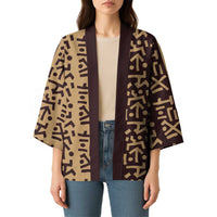 Tribe Script Kimono with Bold Mudcloth Symbols and Brown Tan Split Design - Wonder Print Shop