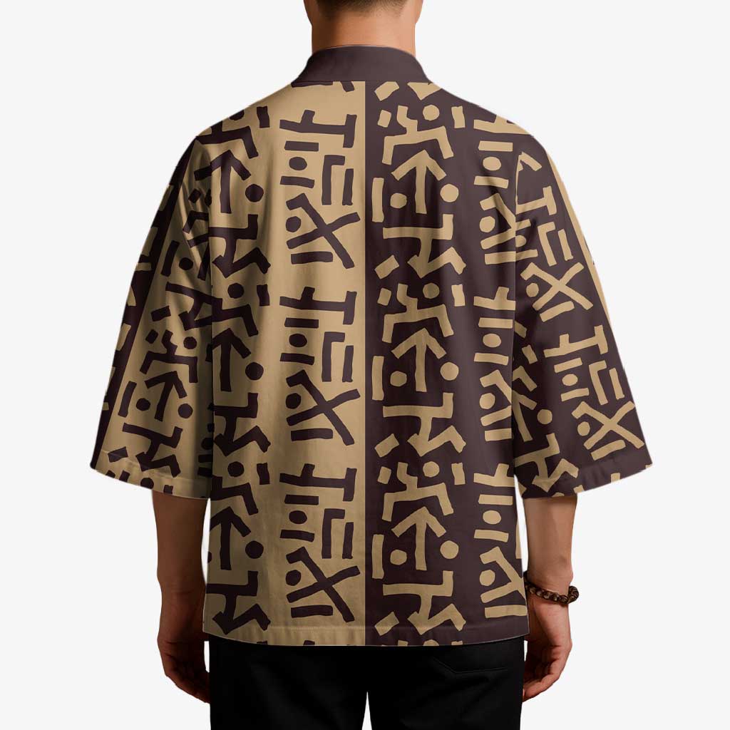 Tribe Script Kimono with Bold Mudcloth Symbols and Brown Tan Split Design - Wonder Print Shop