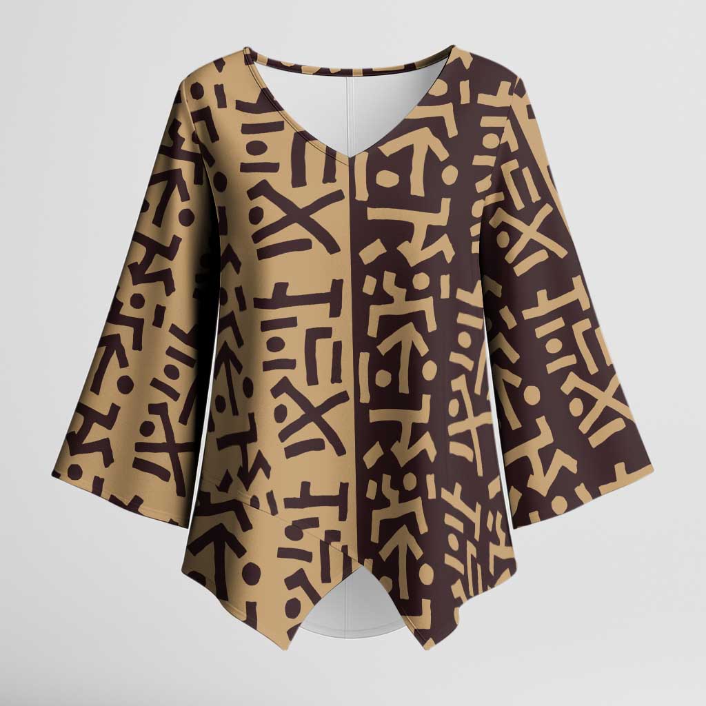 Tribe Script Kimono Sleeve Blouse with Bold Mudcloth Symbols and Brown Tan Split Design - Wonder Print Shop