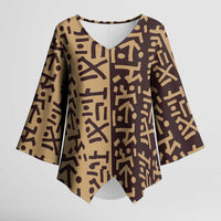 Tribe Script Kimono Sleeve Blouse with Bold Mudcloth Symbols and Brown Tan Split Design - Wonder Print Shop