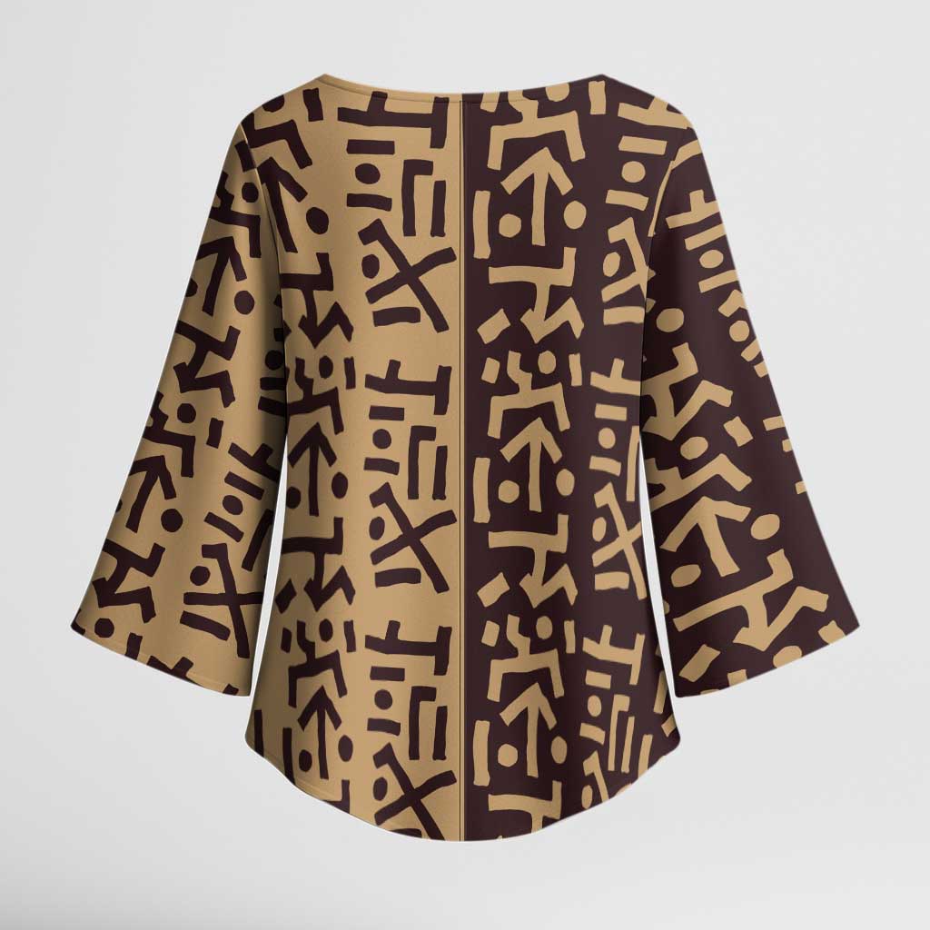 Tribe Script Kimono Sleeve Blouse with Bold Mudcloth Symbols and Brown Tan Split Design - Wonder Print Shop