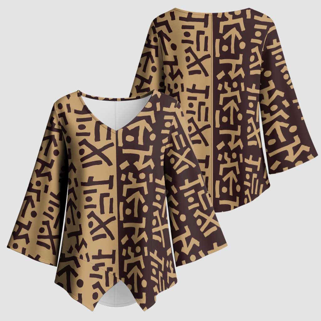 Tribe Script Kimono Sleeve Blouse with Bold Mudcloth Symbols and Brown Tan Split Design - Wonder Print Shop