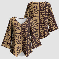 Tribe Script Kimono Sleeve Blouse with Bold Mudcloth Symbols and Brown Tan Split Design - Wonder Print Shop