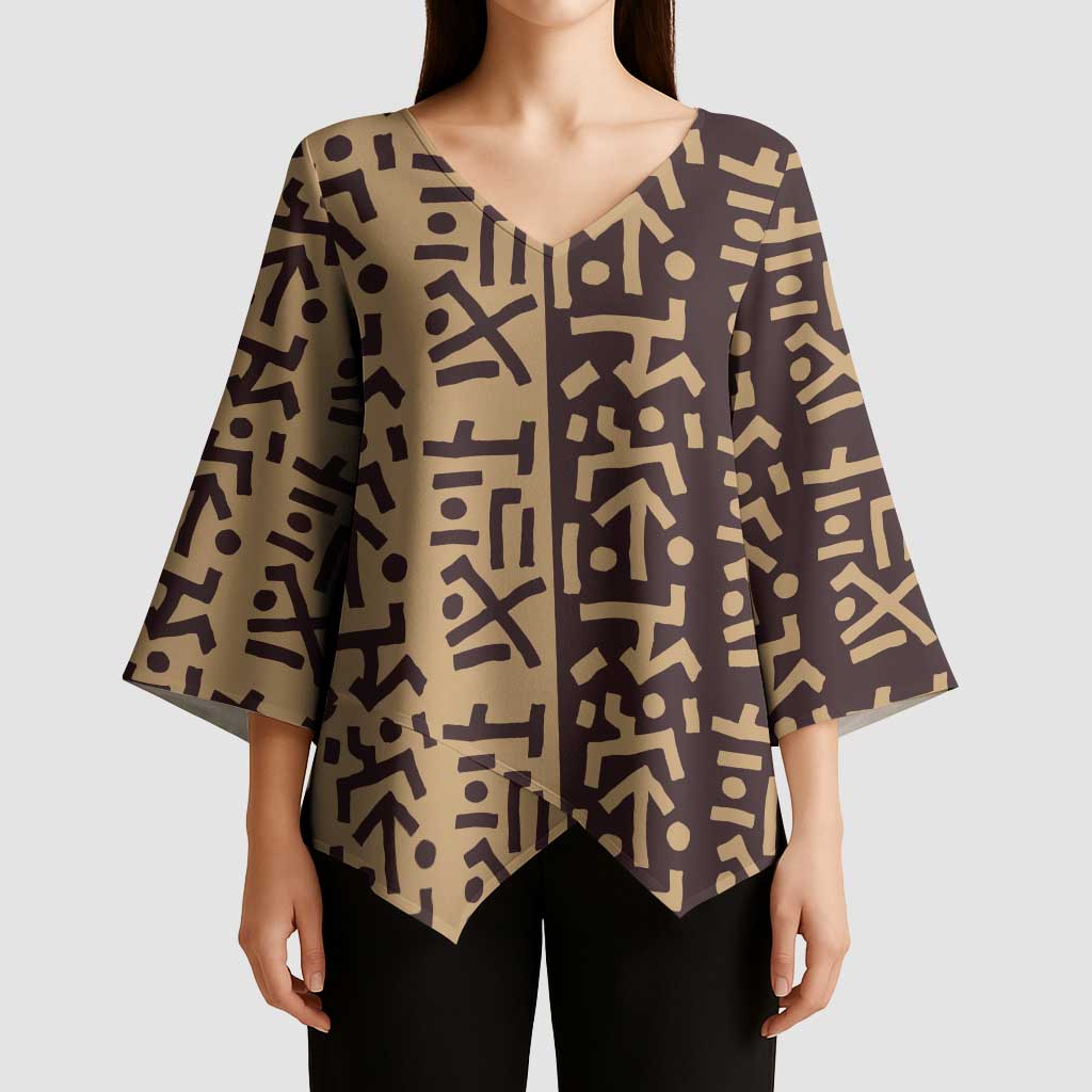 Tribe Script Kimono Sleeve Blouse with Bold Mudcloth Symbols and Brown Tan Split Design - Wonder Print Shop