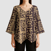Tribe Script Kimono Sleeve Blouse with Bold Mudcloth Symbols and Brown Tan Split Design - Wonder Print Shop
