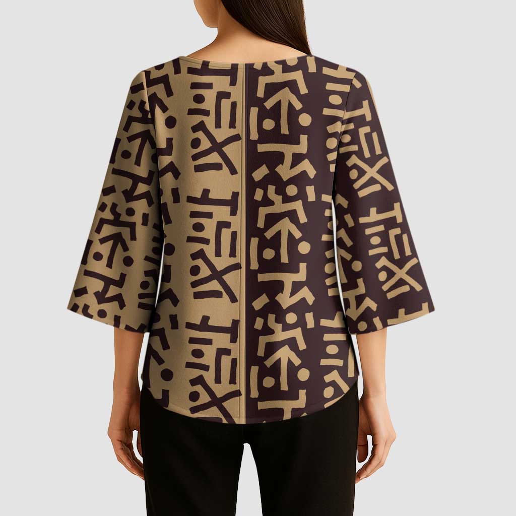 Tribe Script Kimono Sleeve Blouse with Bold Mudcloth Symbols and Brown Tan Split Design - Wonder Print Shop