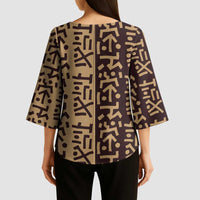 Tribe Script Kimono Sleeve Blouse with Bold Mudcloth Symbols and Brown Tan Split Design - Wonder Print Shop