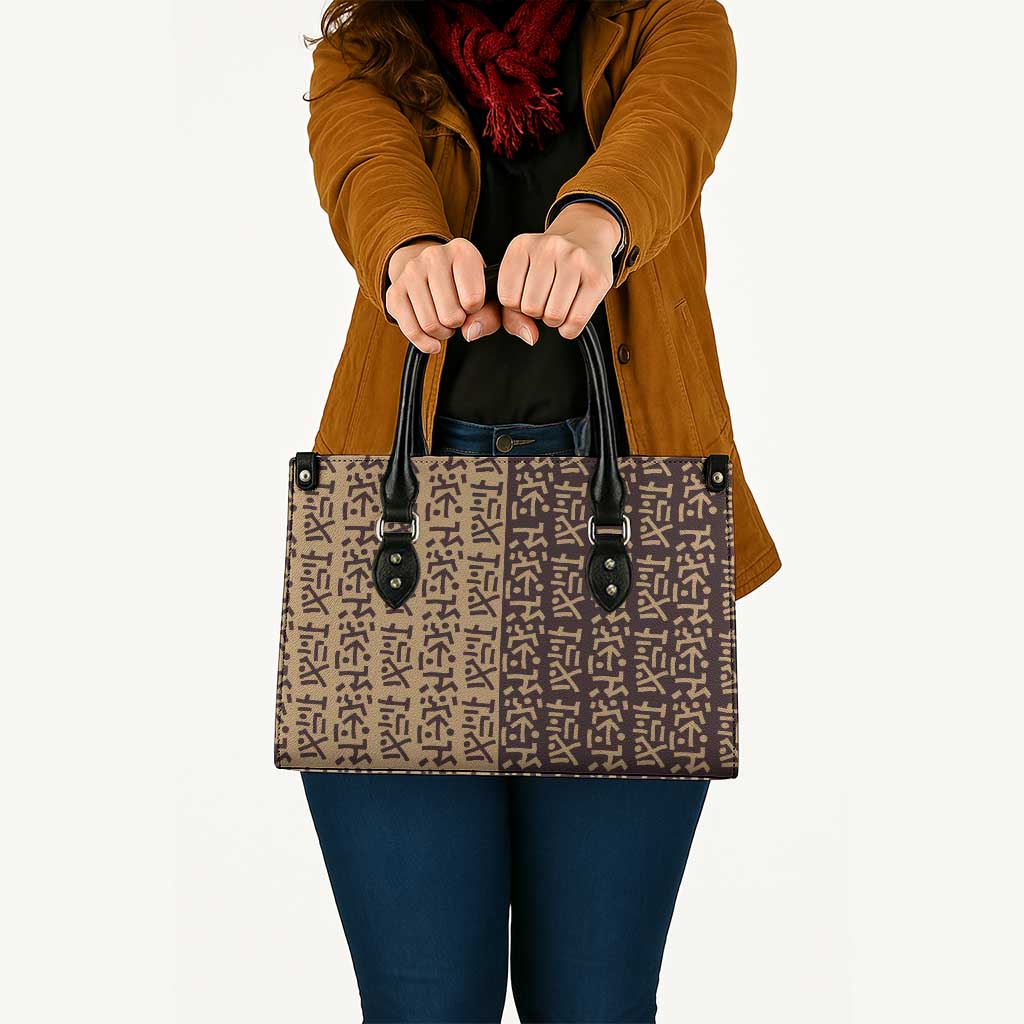 Tribe Script Leather Bag with Bold Mudcloth Symbols and Brown Tan Split Design - Wonder Print Shop