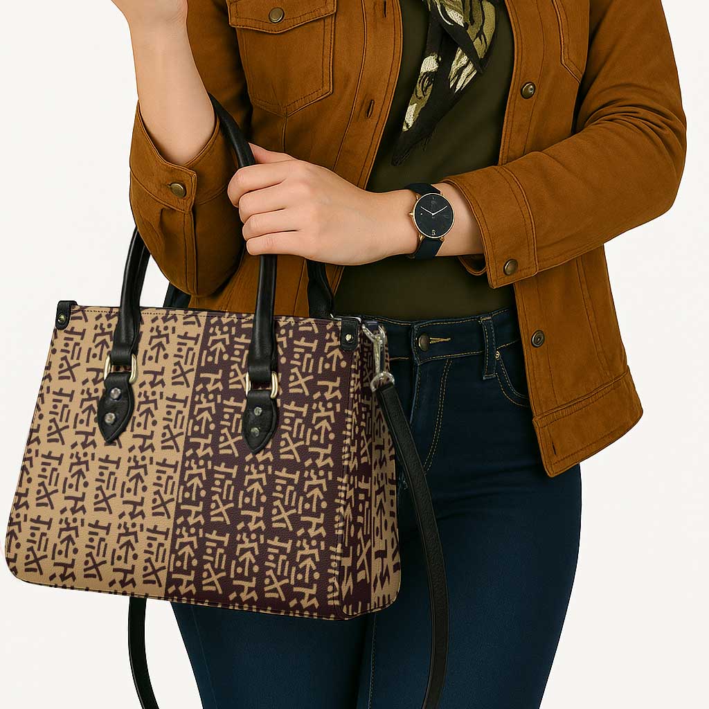 Tribe Script Leather Bag with Bold Mudcloth Symbols and Brown Tan Split Design - Wonder Print Shop
