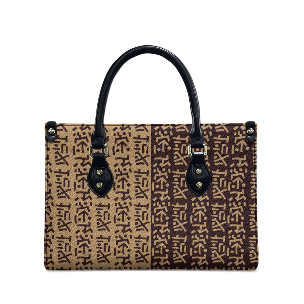 Tribe Script Leather Bag with Bold Mudcloth Symbols and Brown Tan Split Design - Wonder Print Shop