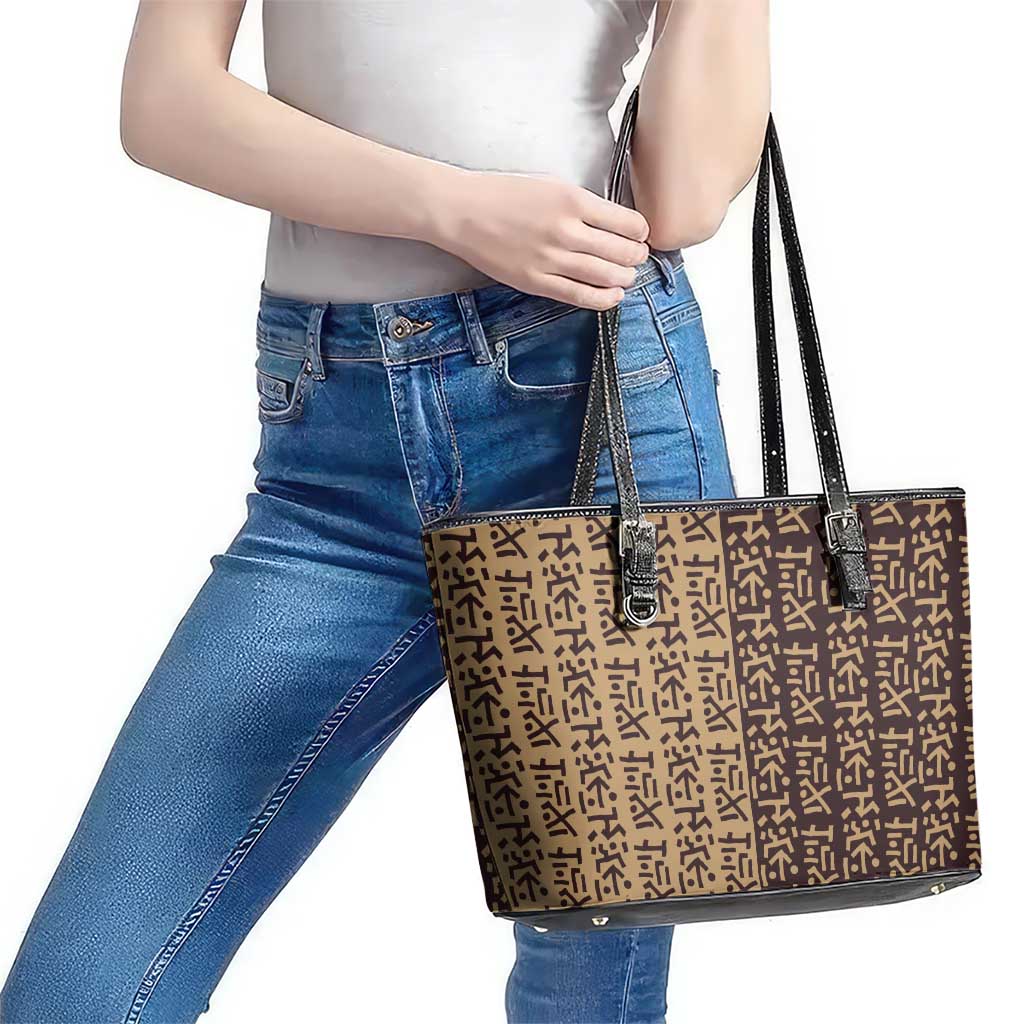 Tribe Script Leather Tote Bag with Bold Mudcloth Symbols and Brown Tan Split Design - Wonder Print Shop