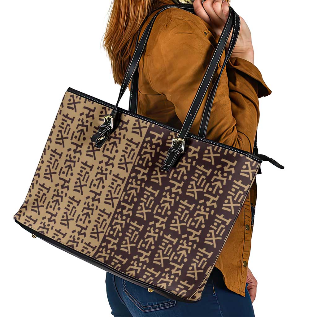 Tribe Script Leather Tote Bag with Bold Mudcloth Symbols and Brown Tan Split Design - Wonder Print Shop