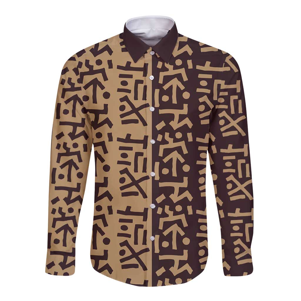 Tribe Script Long Sleeve Button Shirt with Bold Mudcloth Symbols and Brown Tan Split Design - Wonder Print Shop