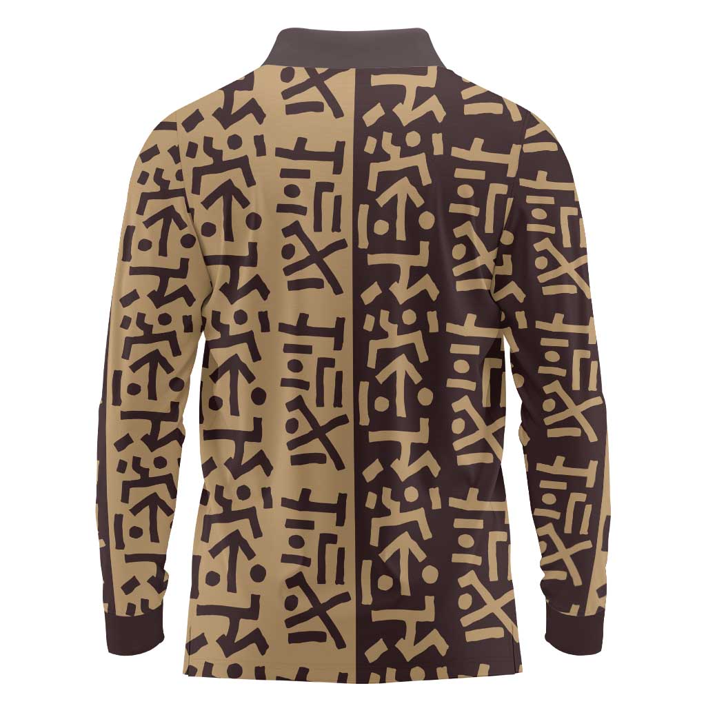 Tribe Script Long Sleeve Polo Shirt with Bold Mudcloth Symbols and Brown Tan Split Design - Wonder Print Shop