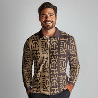 Tribe Script Long Sleeve Polo Shirt with Bold Mudcloth Symbols and Brown Tan Split Design - Wonder Print Shop