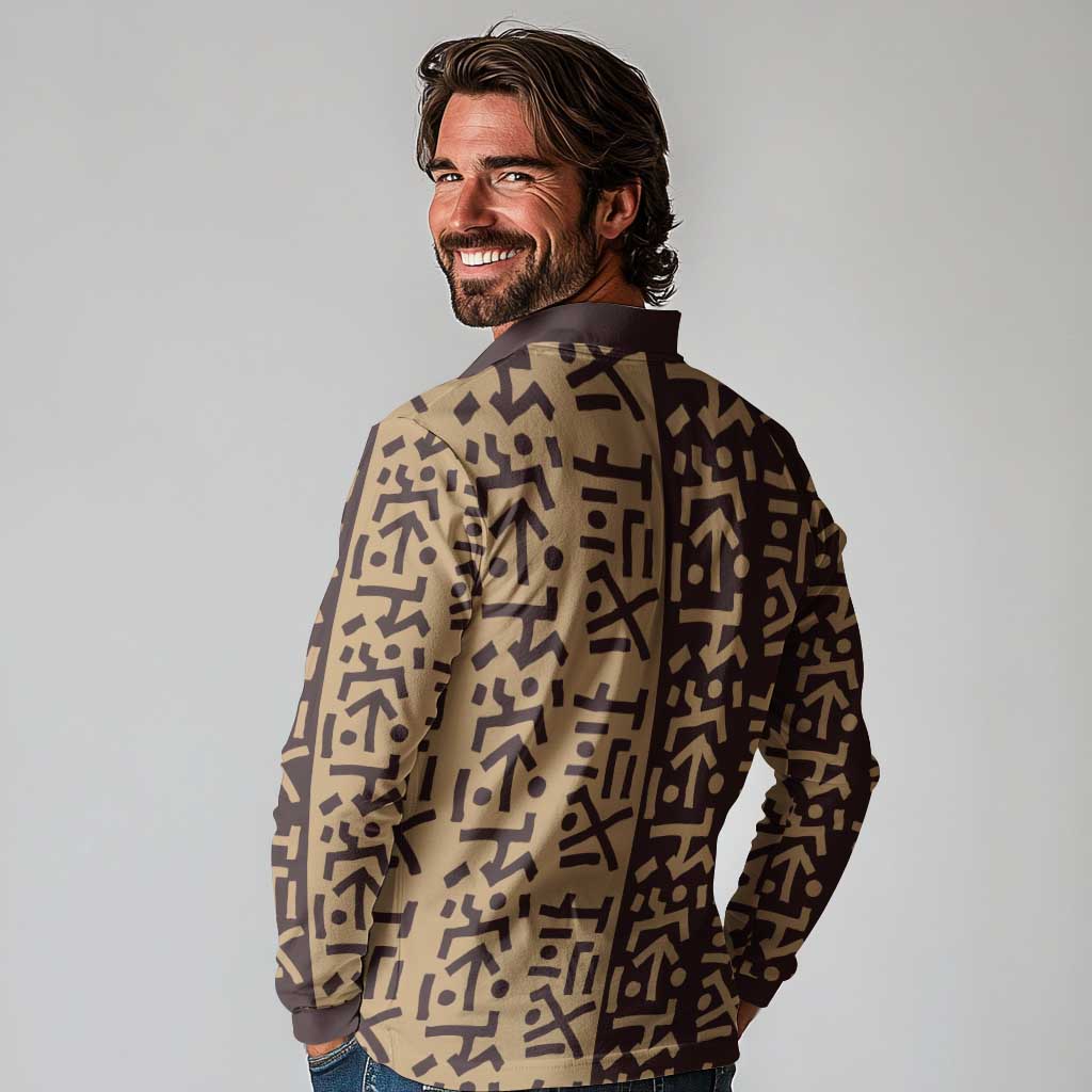 Tribe Script Long Sleeve Polo Shirt with Bold Mudcloth Symbols and Brown Tan Split Design - Wonder Print Shop
