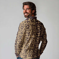 Tribe Script Long Sleeve Polo Shirt with Bold Mudcloth Symbols and Brown Tan Split Design - Wonder Print Shop