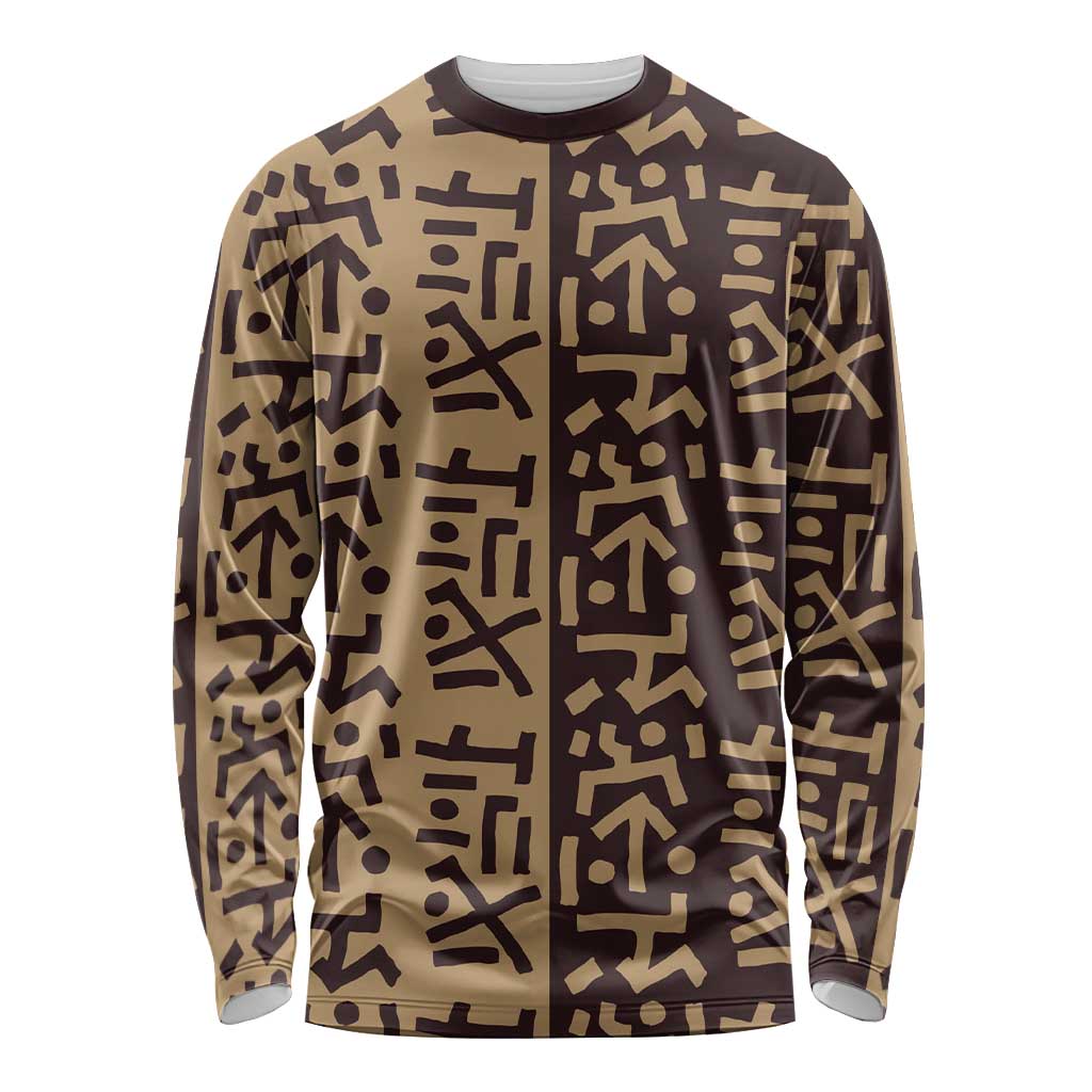 Tribe Script Long Sleeve Shirt with Bold Mudcloth Symbols and Brown Tan Split Design - Wonder Print Shop