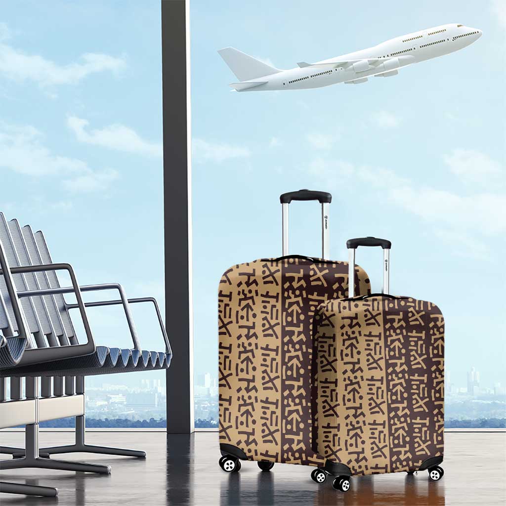 Tribe Script Luggage Cover with Bold Mudcloth Symbols and Brown Tan Split Design - Wonder Print Shop