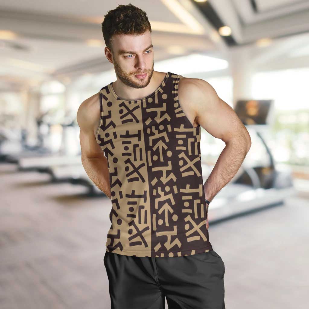 Tribe Script Men Tank Top with Bold Mudcloth Symbols and Brown Tan Split Design - Wonder Print Shop