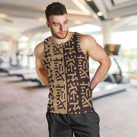 Tribe Script Men Tank Top with Bold Mudcloth Symbols and Brown Tan Split Design - Wonder Print Shop