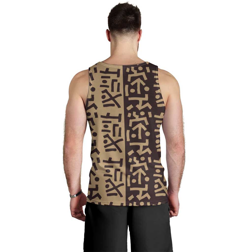 Tribe Script Men Tank Top with Bold Mudcloth Symbols and Brown Tan Split Design - Wonder Print Shop