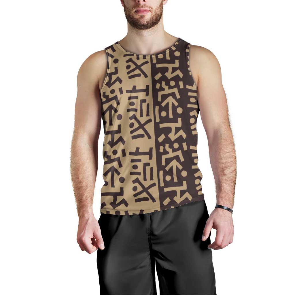 Tribe Script Men Tank Top with Bold Mudcloth Symbols and Brown Tan Split Design - Wonder Print Shop