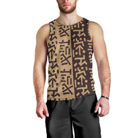 Tribe Script Men Tank Top with Bold Mudcloth Symbols and Brown Tan Split Design - Wonder Print Shop