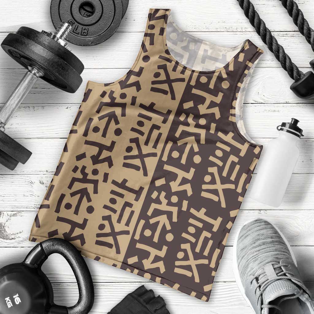 Tribe Script Men Tank Top with Bold Mudcloth Symbols and Brown Tan Split Design - Wonder Print Shop