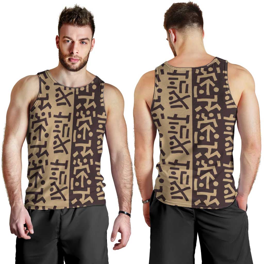Tribe Script Men Tank Top with Bold Mudcloth Symbols and Brown Tan Split Design - Wonder Print Shop