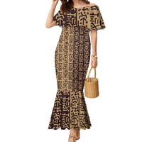 Tribe Script Mermaid Dress with Bold Mudcloth Symbols and Brown Tan Split Design - Wonder Print Shop