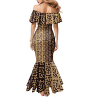 Tribe Script Mermaid Dress with Bold Mudcloth Symbols and Brown Tan Split Design - Wonder Print Shop
