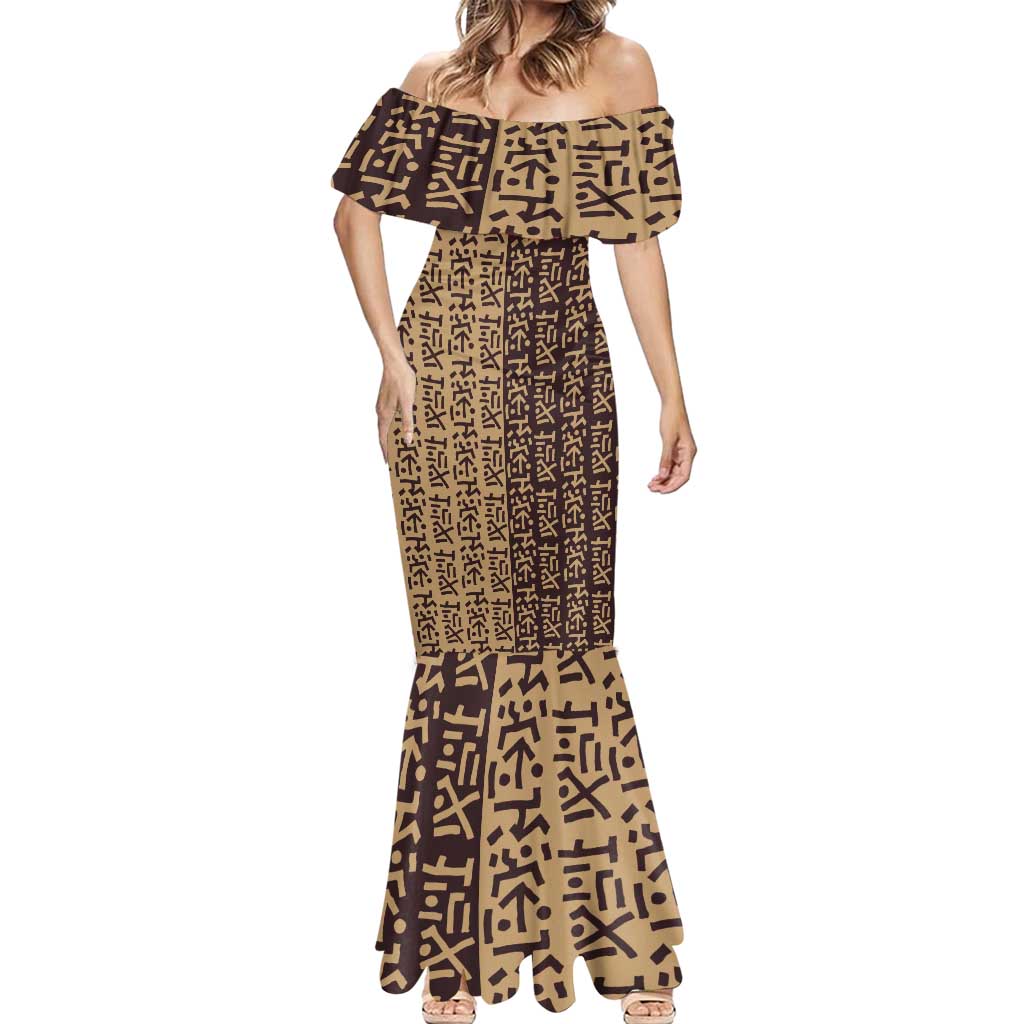 Tribe Script Mermaid Dress with Bold Mudcloth Symbols and Brown Tan Split Design - Wonder Print Shop