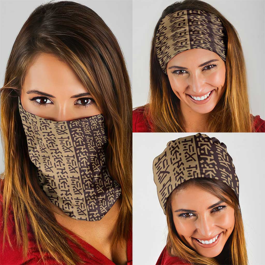 Tribe Script Neck Gaiter with Bold Mudcloth Symbols and Brown Tan Split Design - Wonder Print Shop